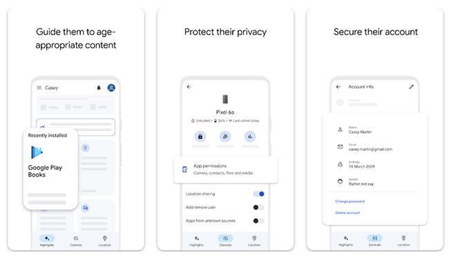 Screenshots showing some of the features of Google Family Link