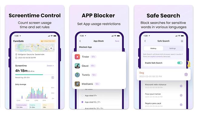 Screenshots showing some of the features of FamiSafe